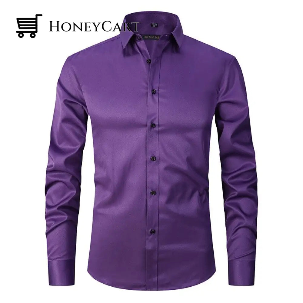 Stretch Men Slim Fit Pointed Collar Shirt Purple / S