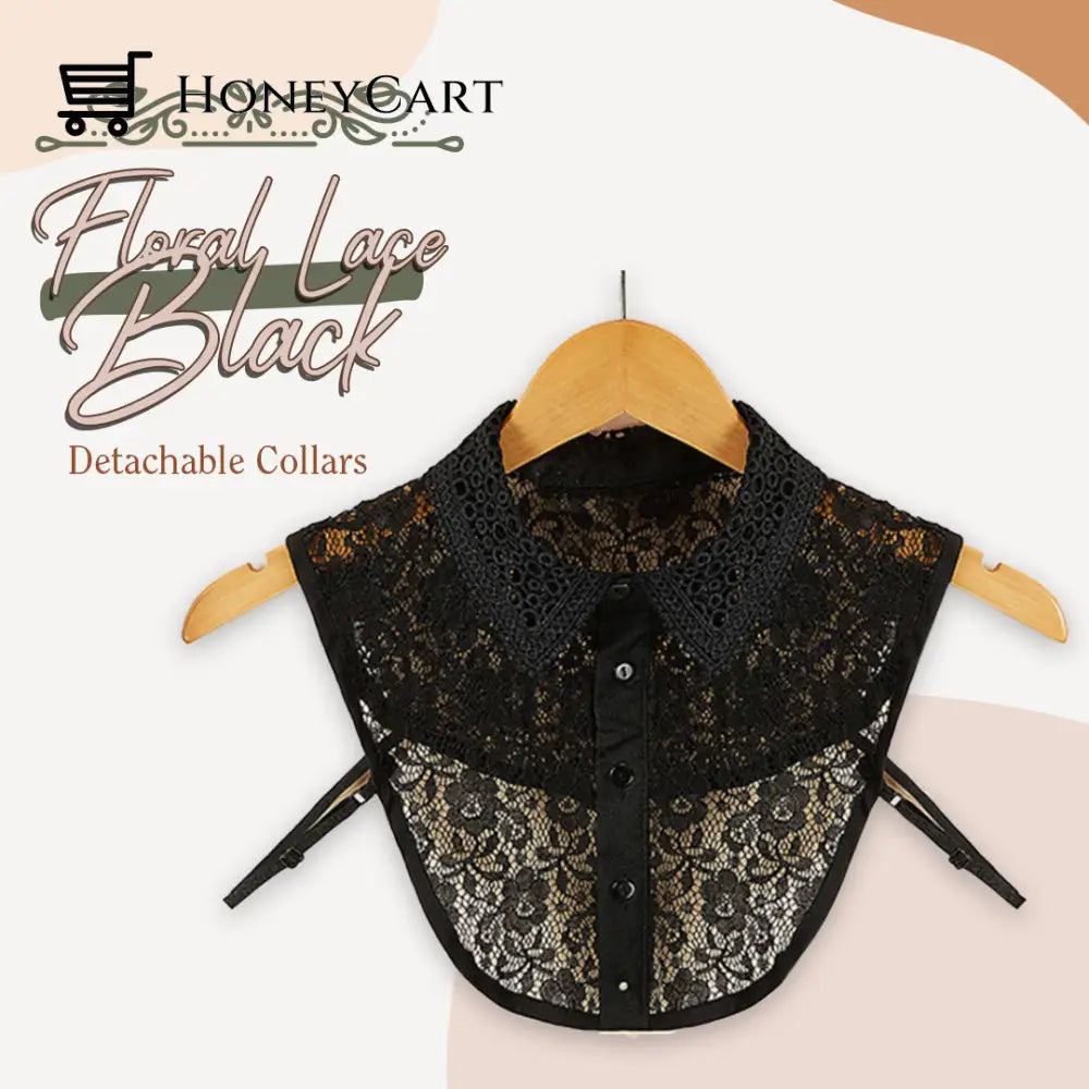 Stylish Blouse Detachable Lace Collar Floral Black