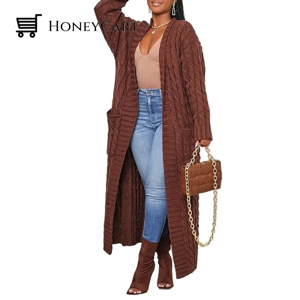 Stylish Cable Knit Dual Pocket Cardigan Coffee / S
