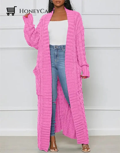 Stylish Cable Knit Dual Pocket Cardigan Pink / S