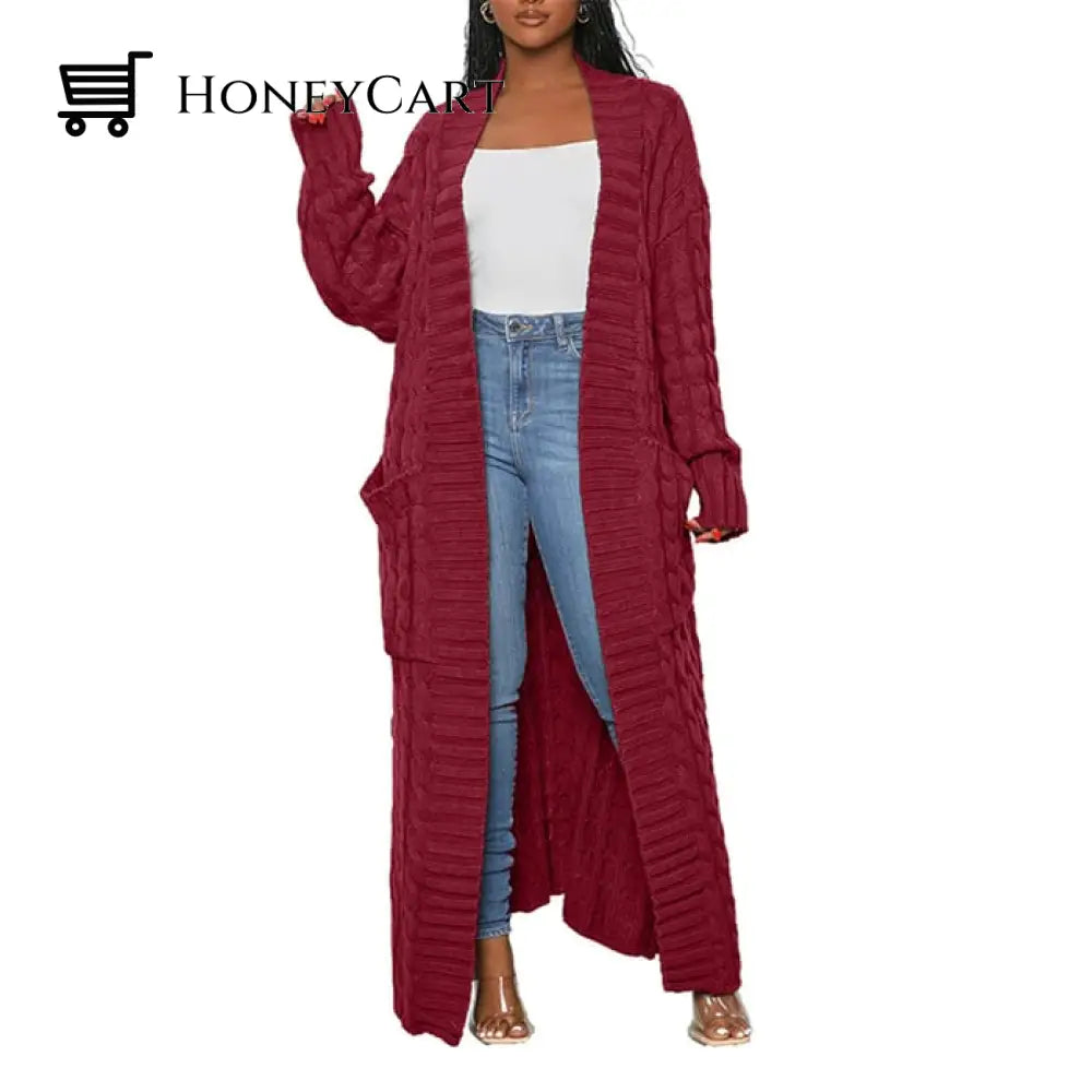 Stylish Cable Knit Dual Pocket Cardigan Wine Red / S