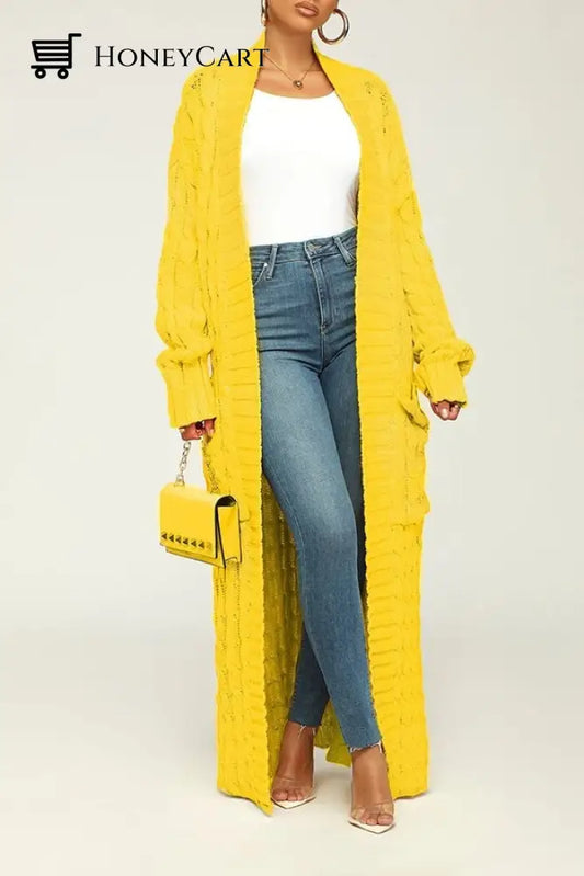 Stylish Cable Knit Dual Pocket Cardigan Yellow / S