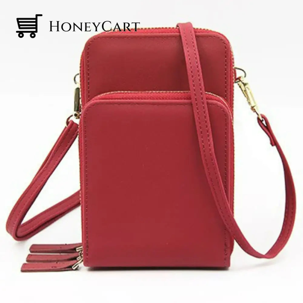Three Zipper Vertical Shoulder Bag Crimson Shoulderbags