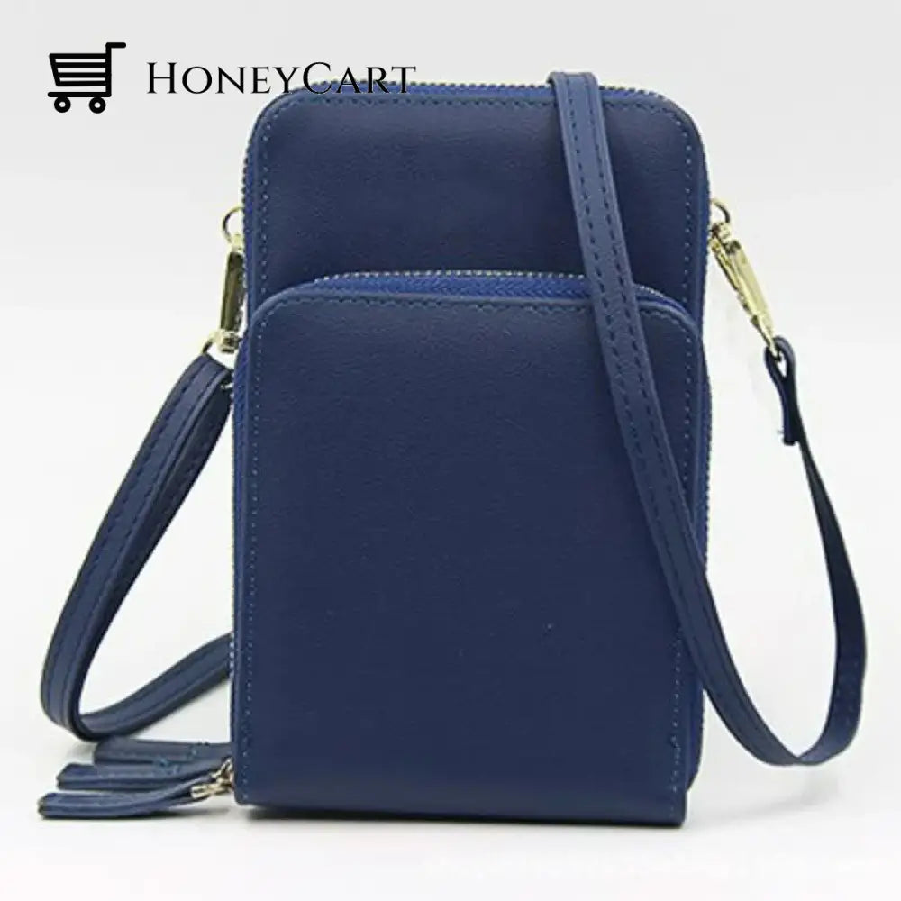 Three Zipper Vertical Shoulder Bag Deep Blue Shoulderbags