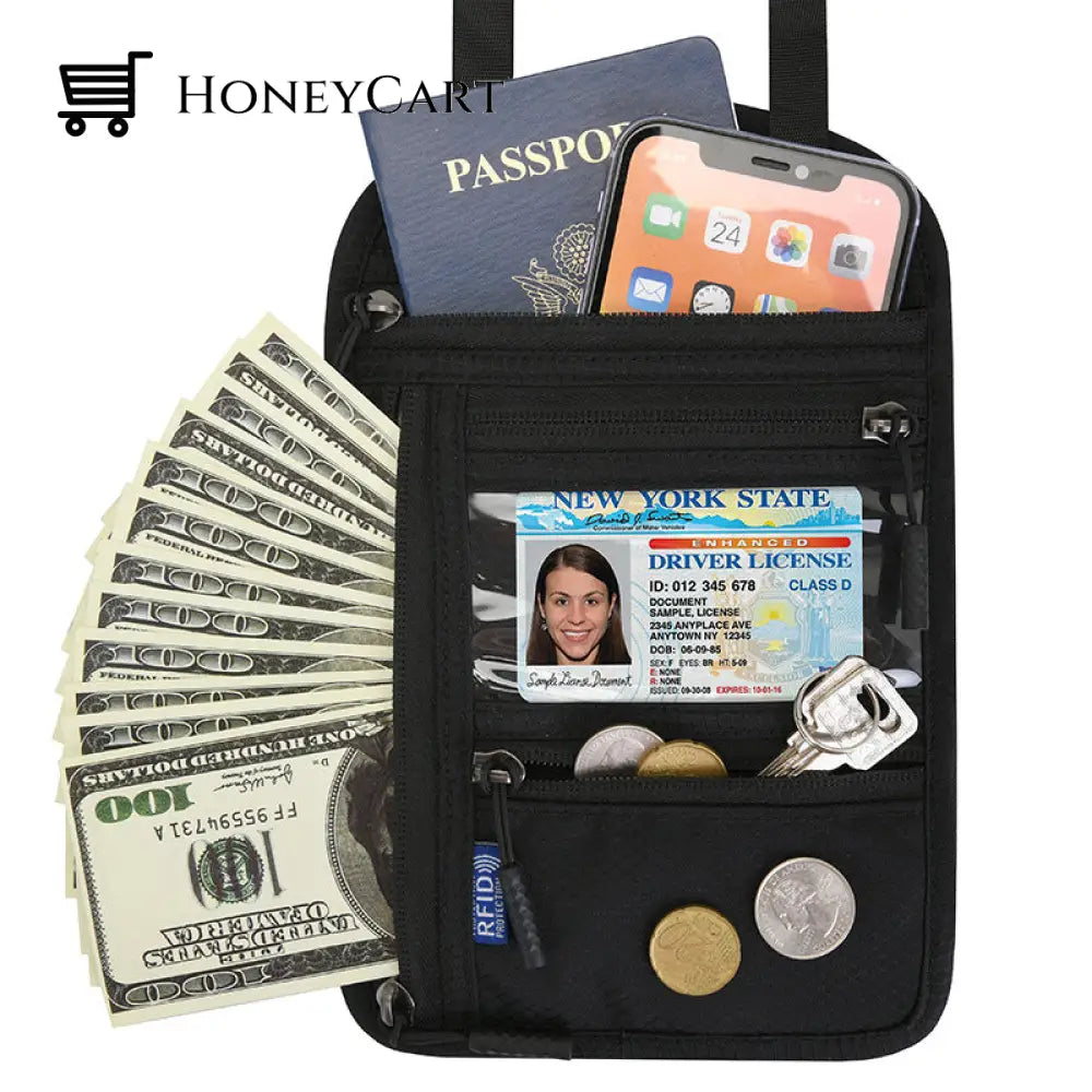 Travel Neck Pouch Wallet With Rfid Blocking Passport Holder Black