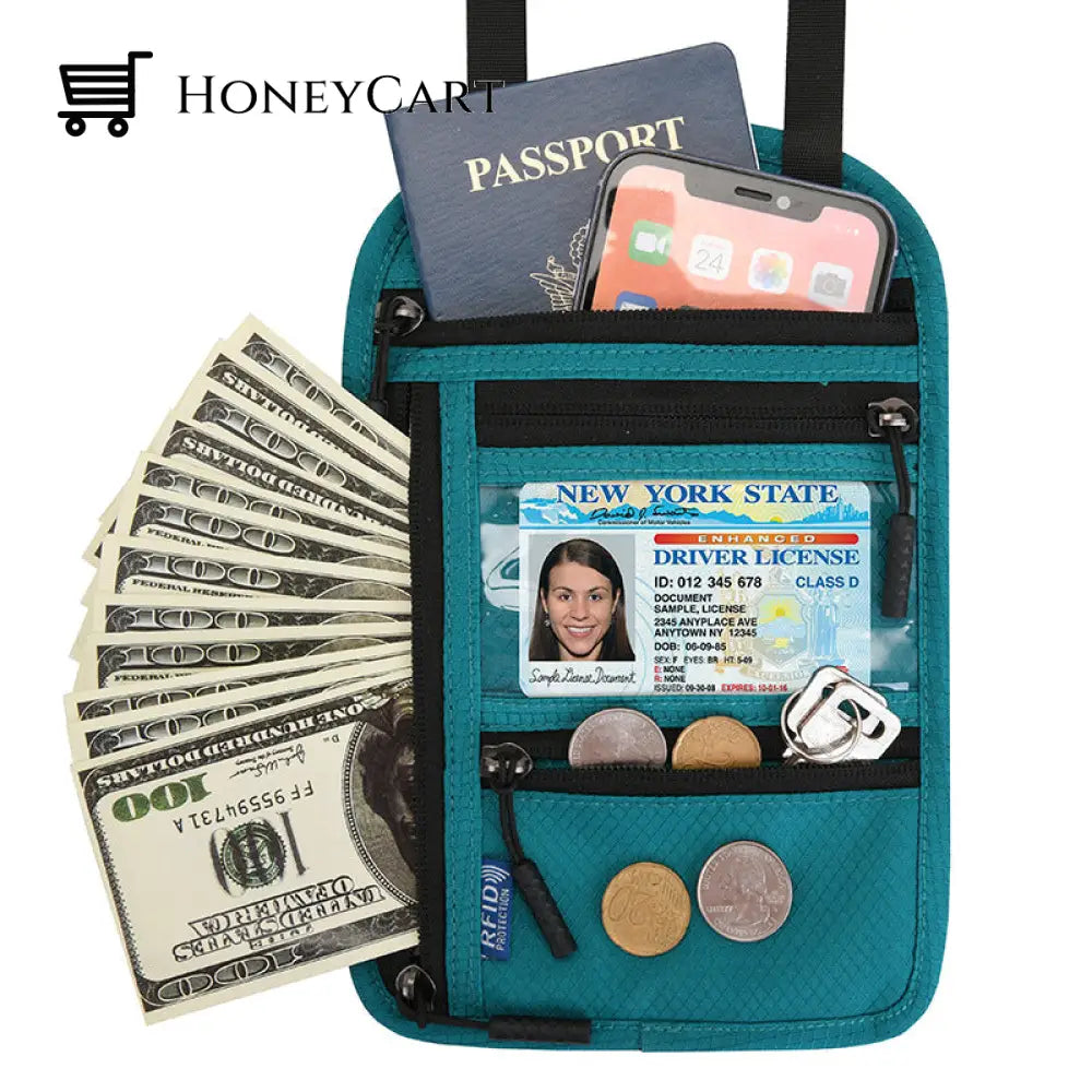 Travel Neck Pouch Wallet With Rfid Blocking Passport Holder Blue