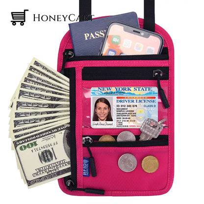 Travel Neck Pouch Wallet With Rfid Blocking Passport Holder Rose Red