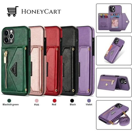 Triangle Crossbody Zipper Wallet Card Leather Case For Iphone