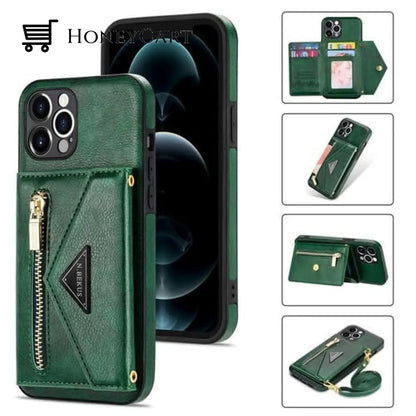 Triangle Crossbody Zipper Wallet Card Leather Case For Iphone Green / 13 Pro Max