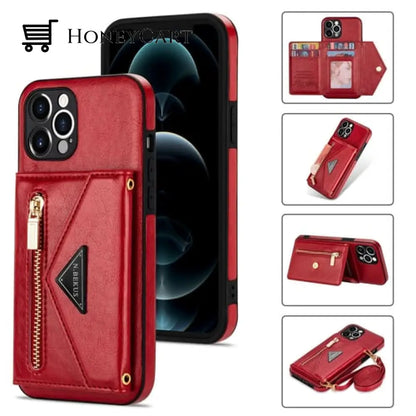 Triangle Crossbody Zipper Wallet Card Leather Case For Iphone Red / 13 Pro Max
