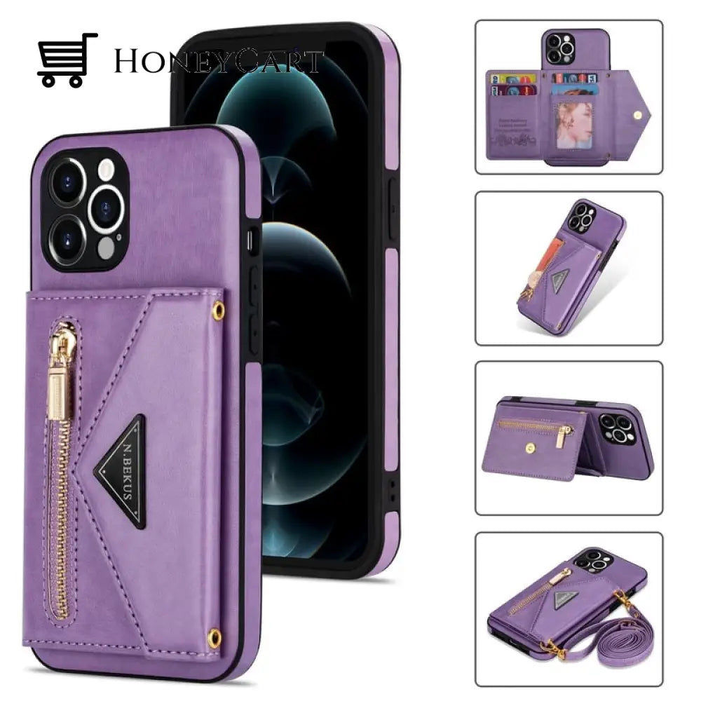 Triangle Crossbody Zipper Wallet Card Leather Case For Iphone Violet / 13 Pro Max