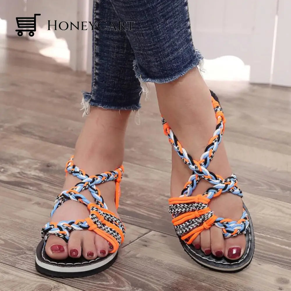 Tropical Mixed Color Matching Rope Knot Thong Sandals For Women