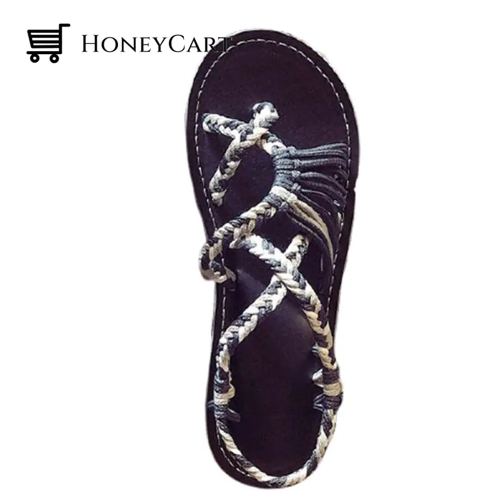 Tropical Mixed Color Matching Rope Knot Thong Sandals For Women 4.5 / Black