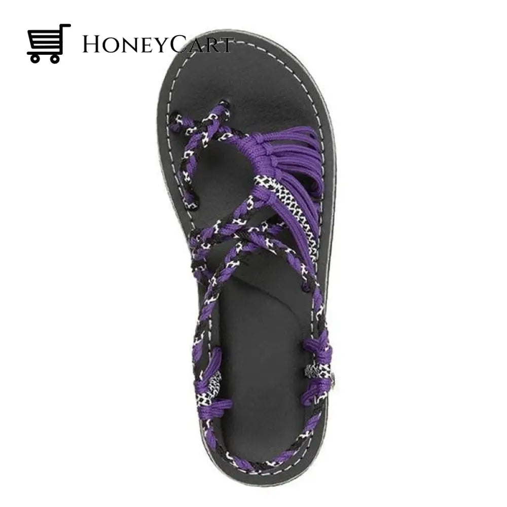 Tropical Mixed Color Matching Rope Knot Thong Sandals For Women 4.5 / Purple