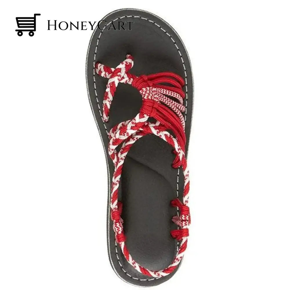 Tropical Mixed Color Matching Rope Knot Thong Sandals For Women 4.5 / Red
