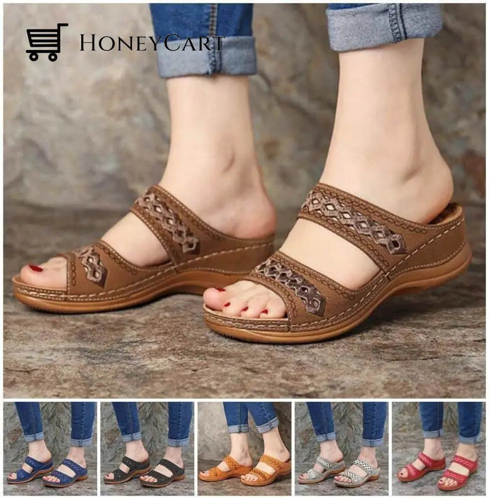 Uniqcomfy Premium Arch-Support Orthopedic Faux Leather Embroidery Women Sandals Brown / 5.5 Shoes &