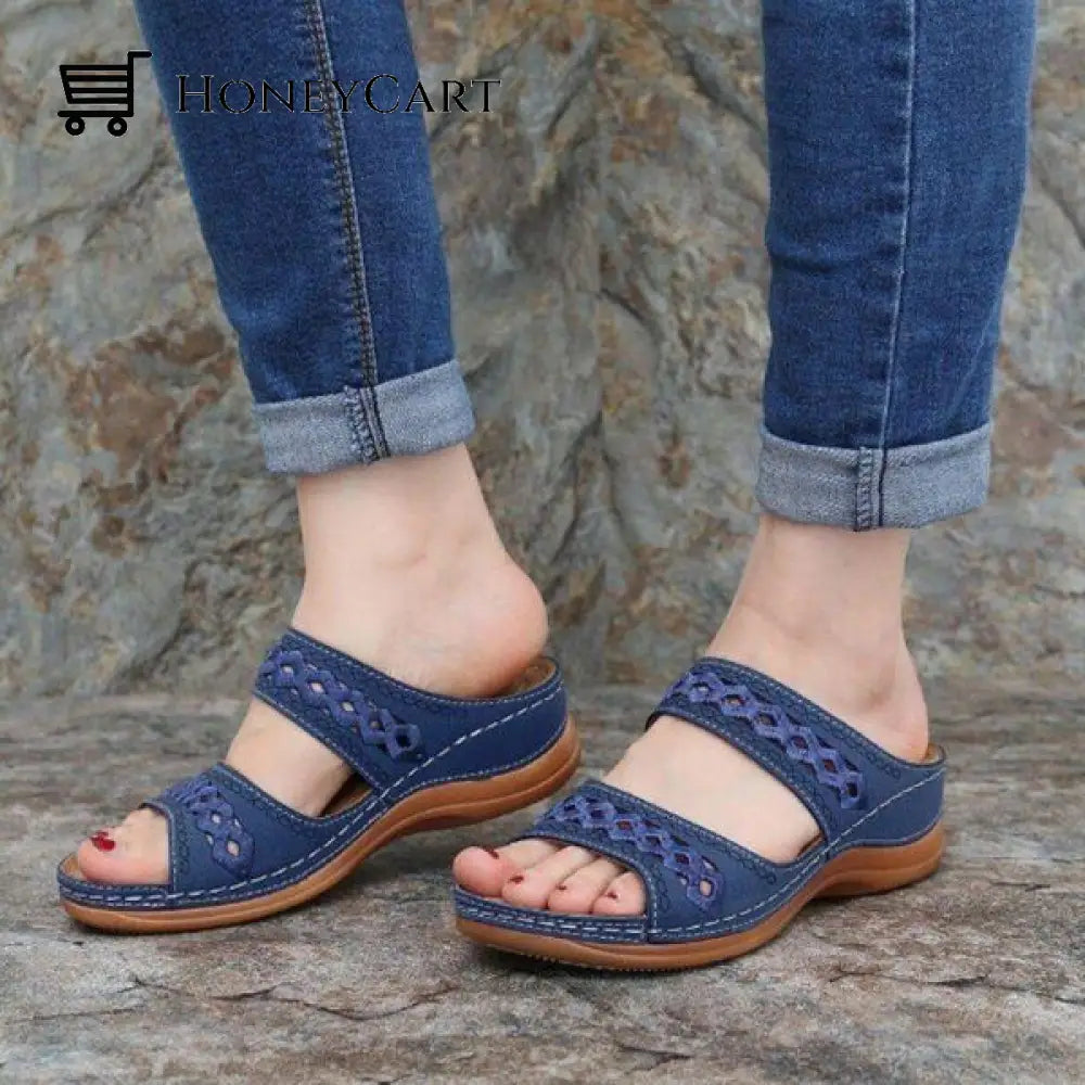 Uniqcomfy Premium Arch-Support Orthopedic Faux Leather Embroidery Women Sandals Navy / 5.5 Shoes &