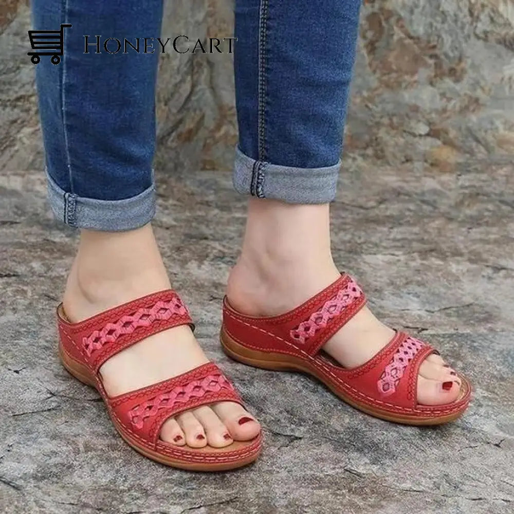 Uniqcomfy Premium Arch-Support Orthopedic Faux Leather Embroidery Women Sandals Red / 5.5 Shoes &