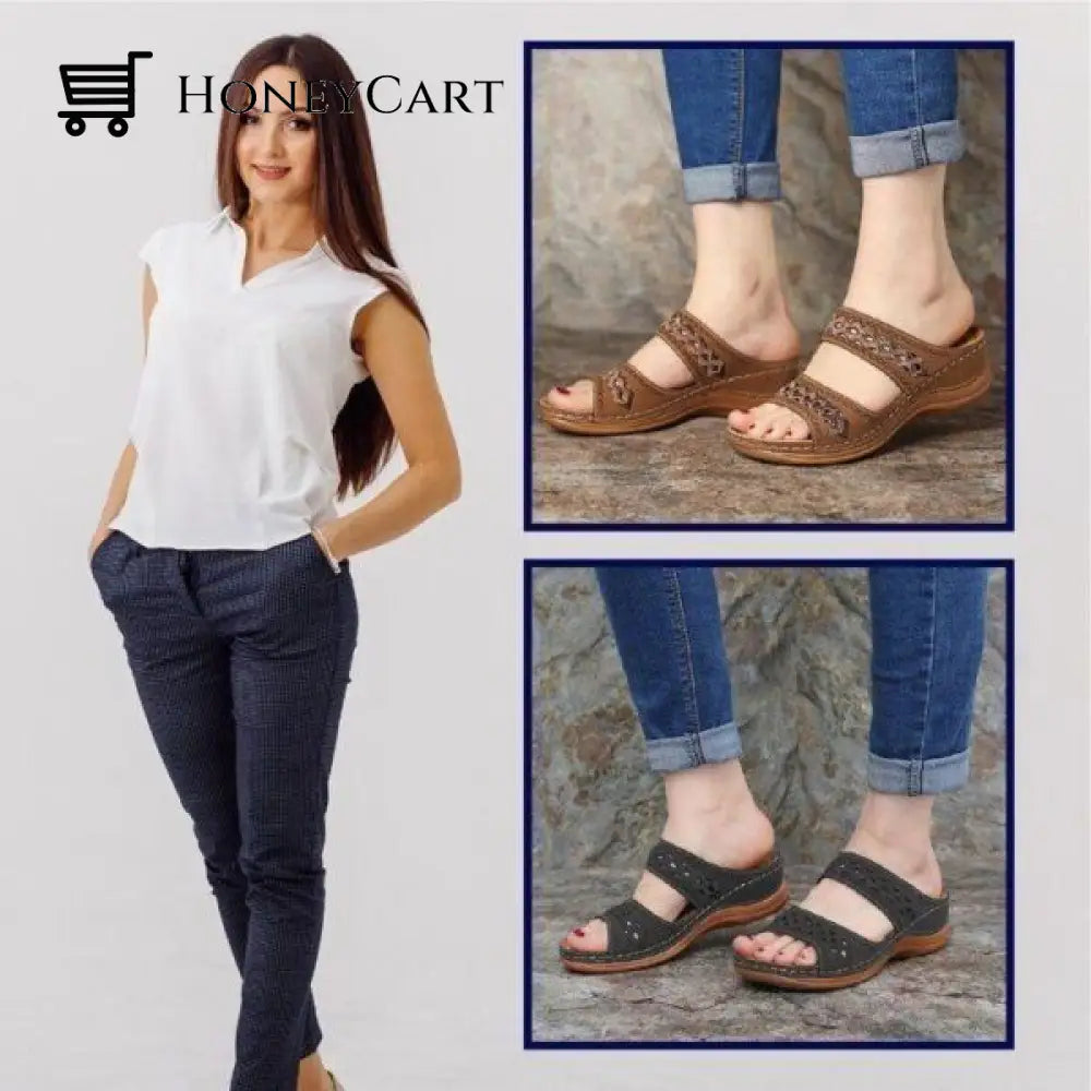 Uniqcomfy Premium Arch-Support Orthopedic Faux Leather Embroidery Women Sandals Set 2 (Brown +