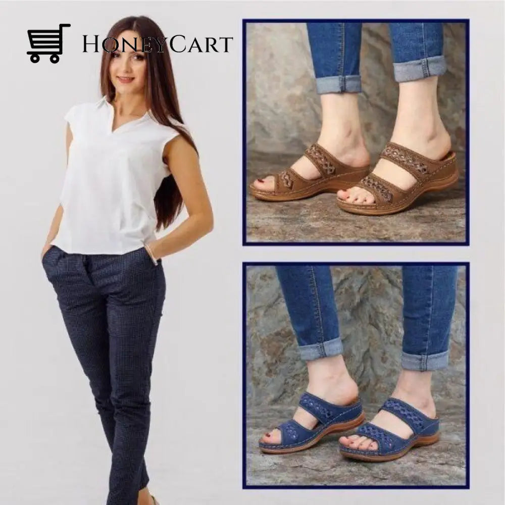 Uniqcomfy Premium Arch-Support Orthopedic Faux Leather Embroidery Women Sandals Set 2 (Brown + Navy)