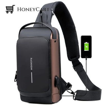 Usb Charging Sport Sling Anti-Theft Shoulder Bag Black With Brown