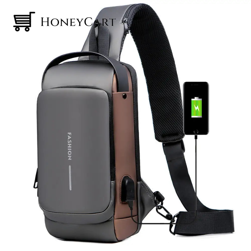 Usb Charging Sport Sling Anti-Theft Shoulder Bag Gray With Brown