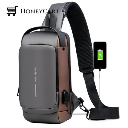 Usb Charging Sport Sling Anti-Theft Shoulder Bag Grey With Brown