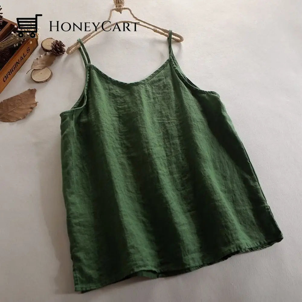 V-Neck Linen Camisole Tank Top Loose With 6 Colors Casual Tops For Women Green / M Shirts &