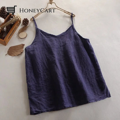 V-Neck Linen Camisole Tank Top Loose With 6 Colors Casual Tops For Women Navy Blue / M Shirts &