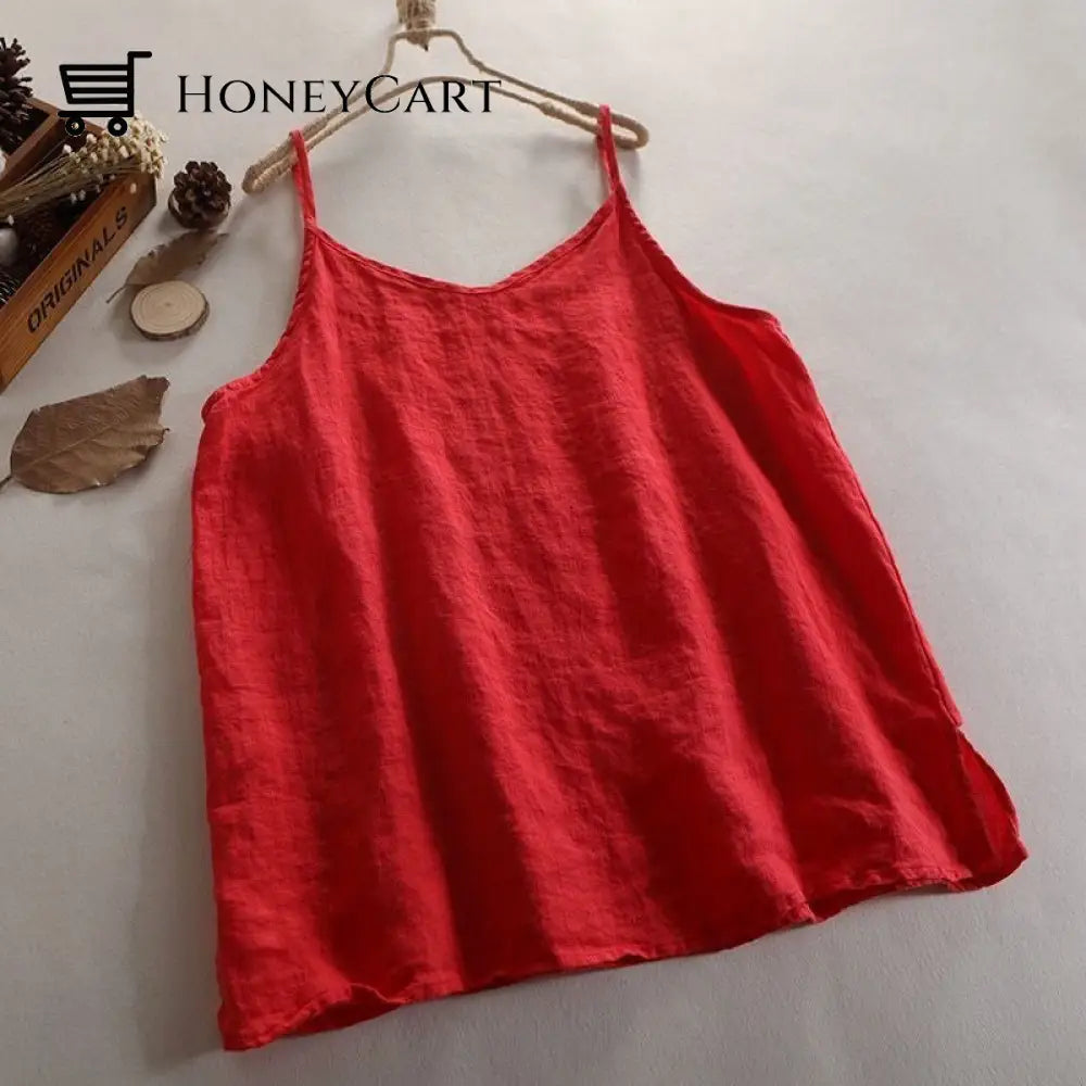 V-Neck Linen Camisole Tank Top Loose With 6 Colors Casual Tops For Women Red / M Shirts &