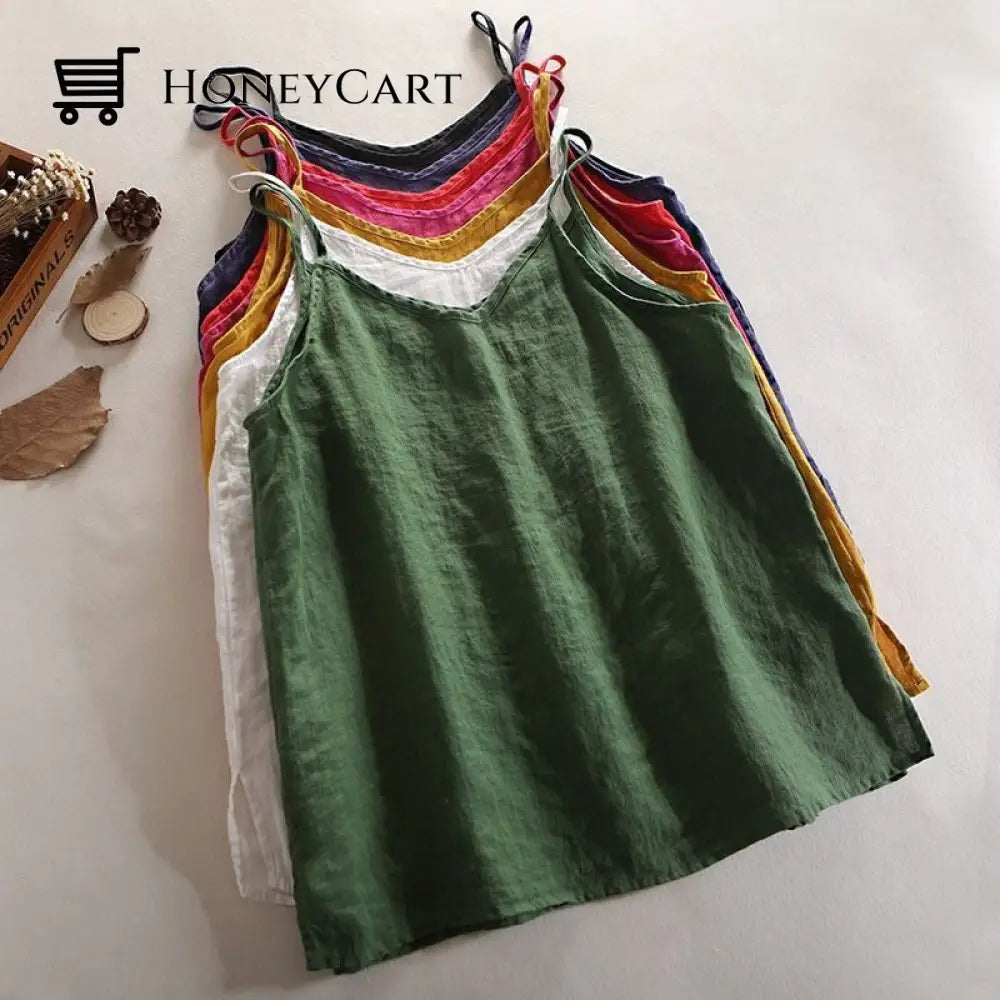 V-Neck Linen Camisole Tank Top Loose With 6 Colors Casual Tops For Women Shirts &