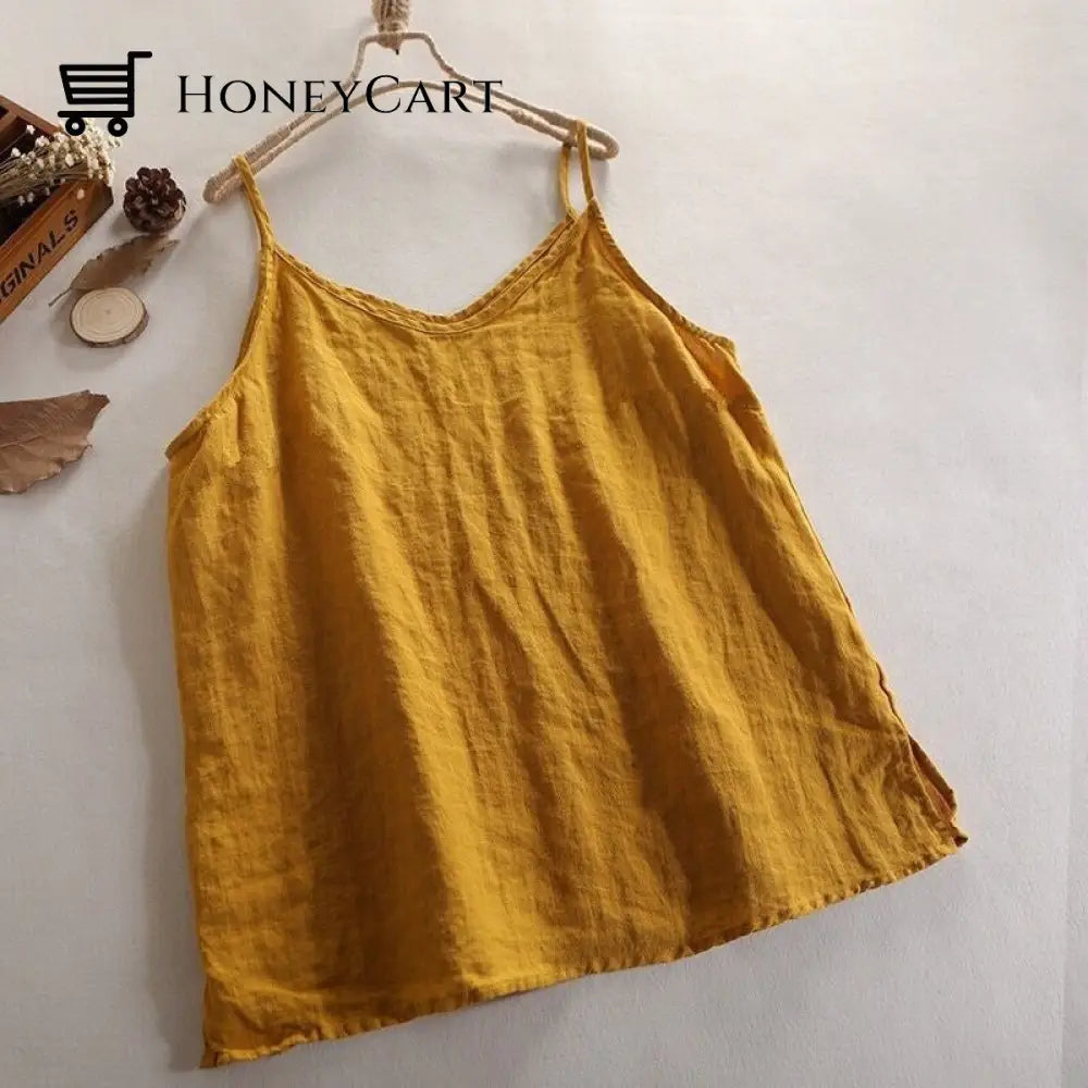 V-Neck Linen Camisole Tank Top Loose With 6 Colors Casual Tops For Women Yellow / M Shirts &