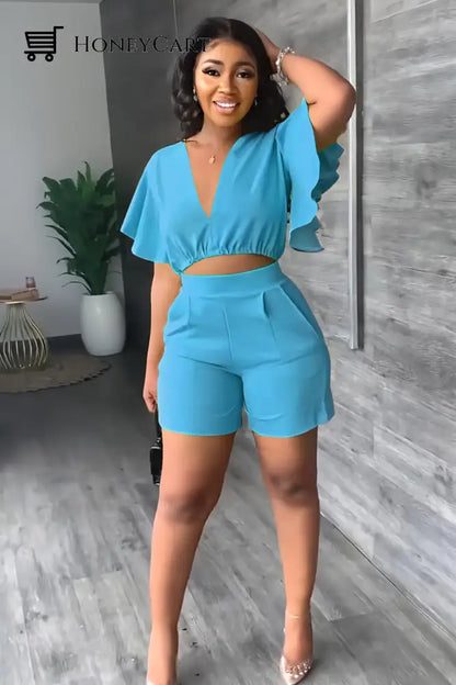 V Neck Ruffled Casual Two Piece Shorts Set Blue / S Tool