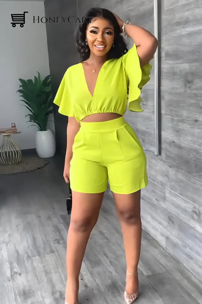 V Neck Ruffled Casual Two Piece Shorts Set Green / S Tool