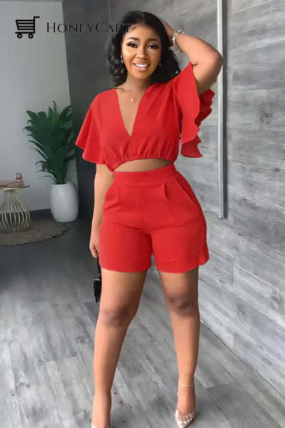 V Neck Ruffled Casual Two Piece Shorts Set Red / S Tool