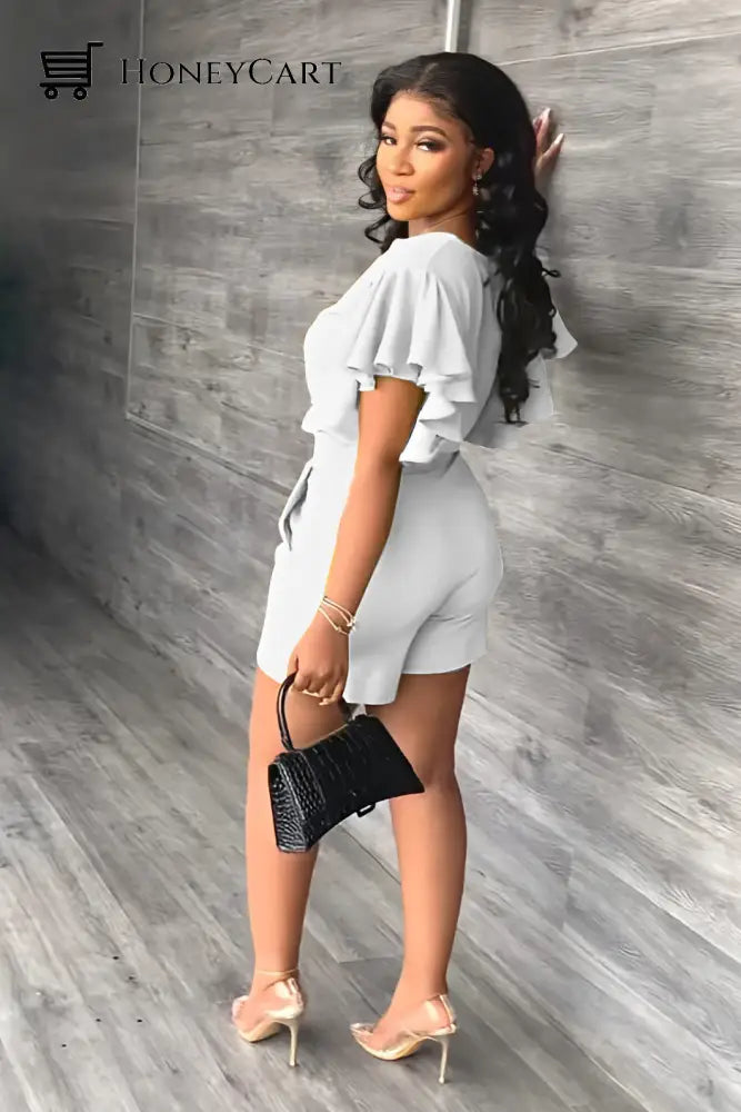 V Neck Ruffled Casual Two Piece Shorts Set Tool