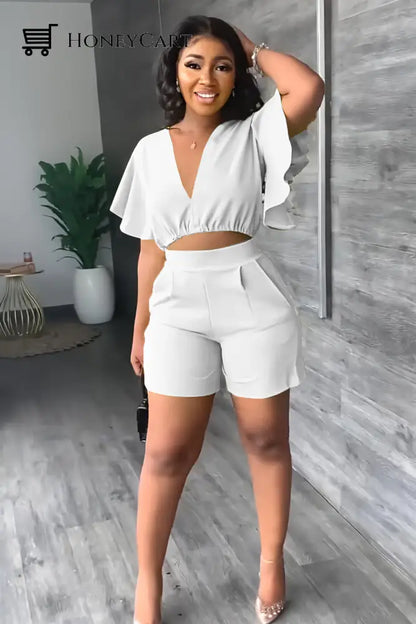 V Neck Ruffled Casual Two Piece Shorts Set White / S Tool