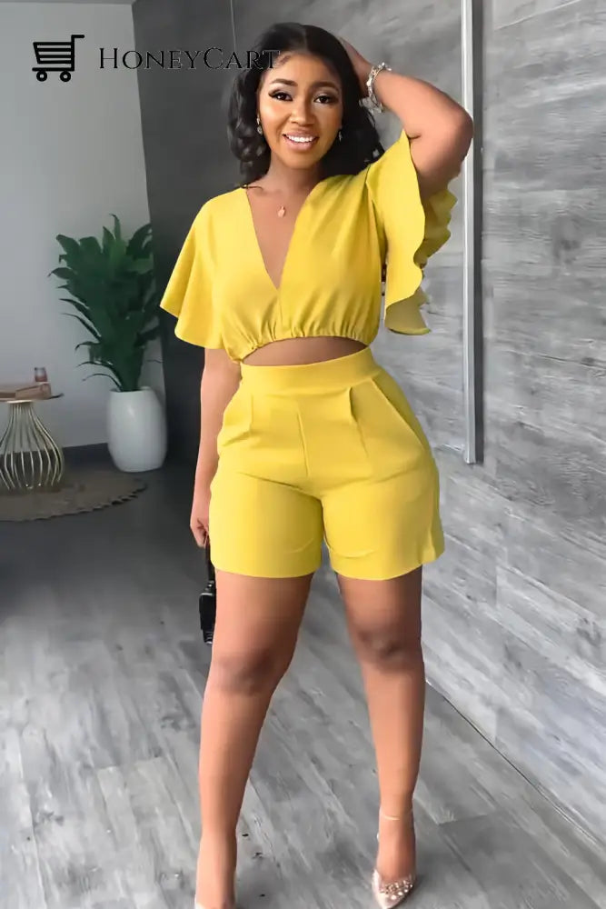 V Neck Ruffled Casual Two Piece Shorts Set Yellow / S Tool