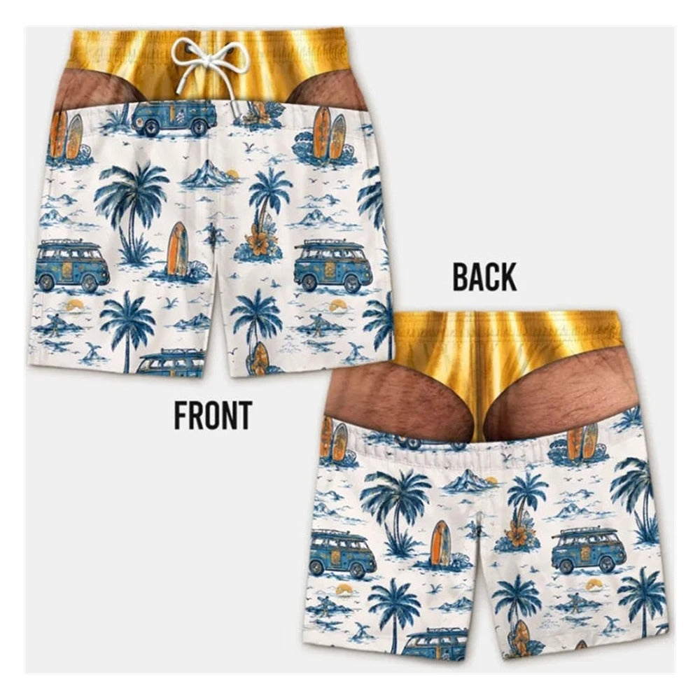 Men's Swim Trunks Funny Hairy Butt Cheek Gag Beach Shorts