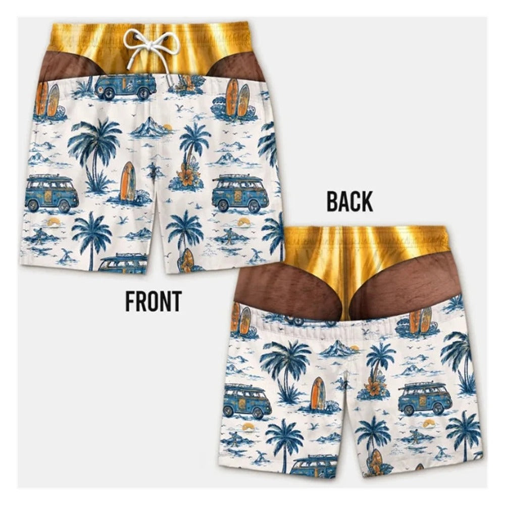 Men's Swim Trunks Funny Hairy Butt Cheek Gag Beach Shorts