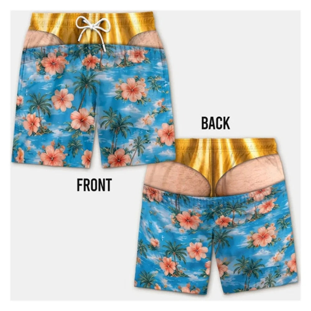 Men's Swim Trunks Funny Hairy Butt Cheek Gag Beach Shorts