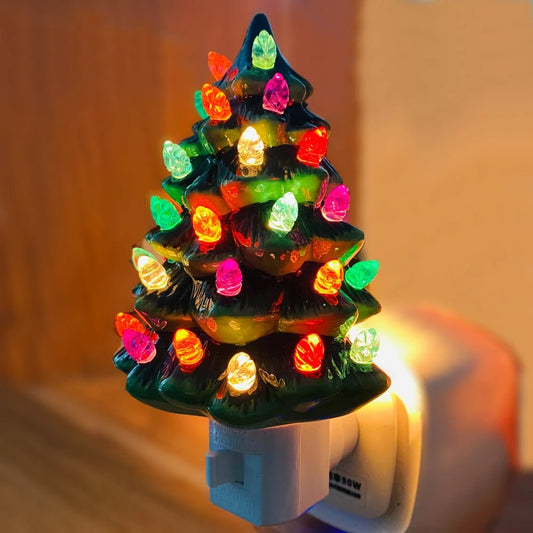 Vintage Ceramic Christmas Tree Night Light – Hand-Painted Plug-In Holiday Glow