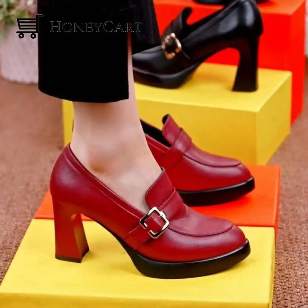 Waterproof Leather High Heels Burgundy / 35 Beauty& Health