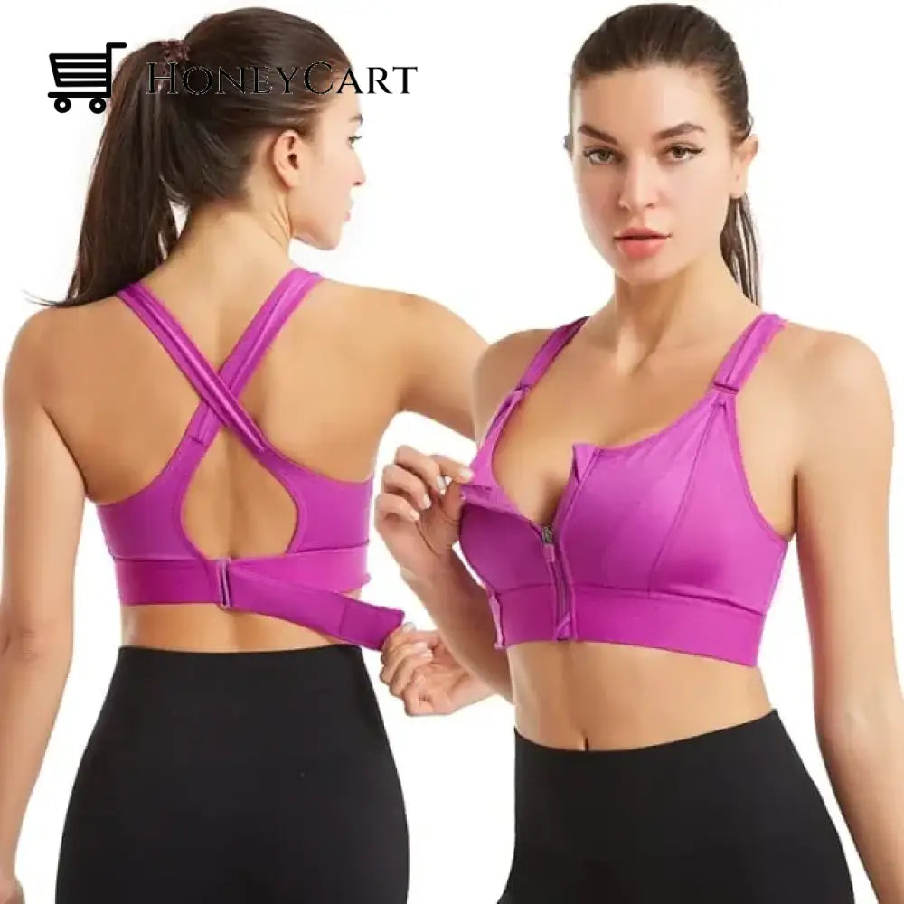 Wireless Support Super Tight Impact Resistant Zipper Sports Bra Purple / S Underwear