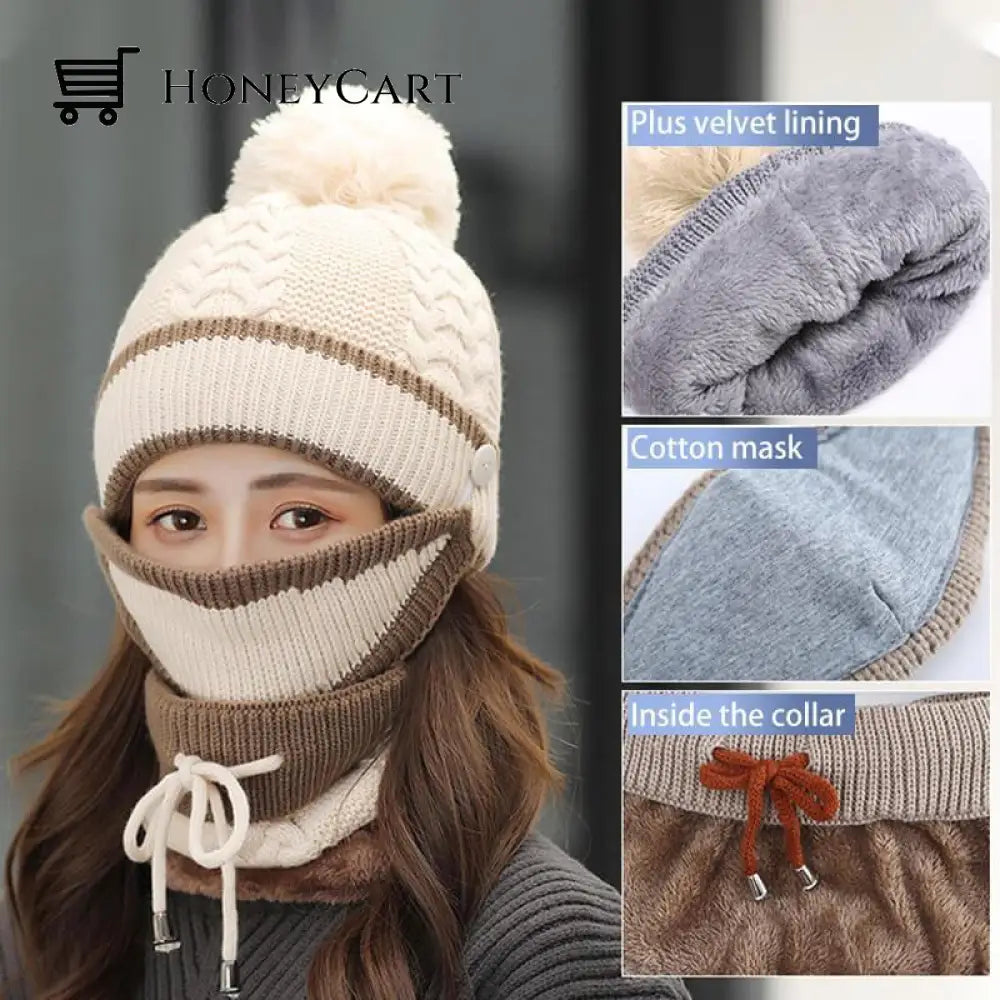 Women 3 In 1 Warm Soft Knitted Outdoor Hats Biege