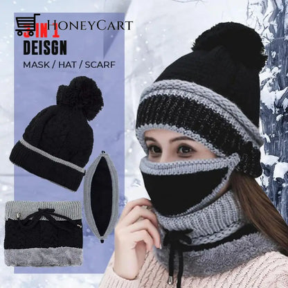 Women 3 In 1 Warm Soft Knitted Outdoor Hats Black