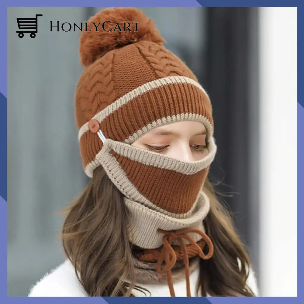 Women 3 In 1 Warm Soft Knitted Outdoor Hats Brown