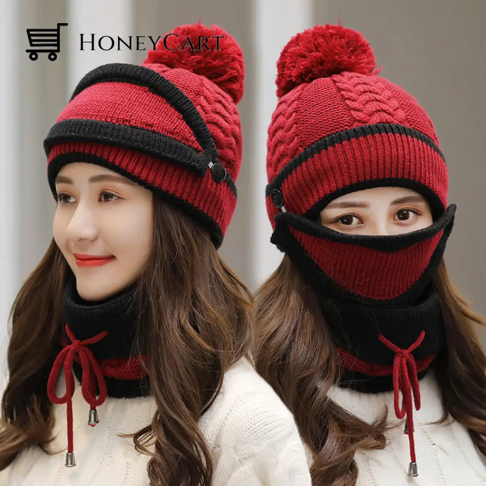 Women 3 In 1 Warm Soft Knitted Outdoor Hats Red