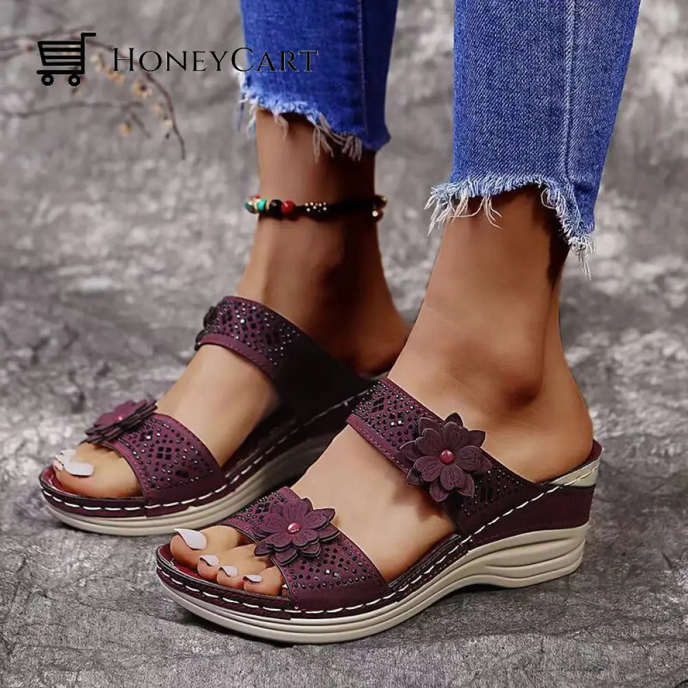 Women Casual Shoes Vintage Flower Fish Mouth Sandals Wine Red / 5 Wjj-0718