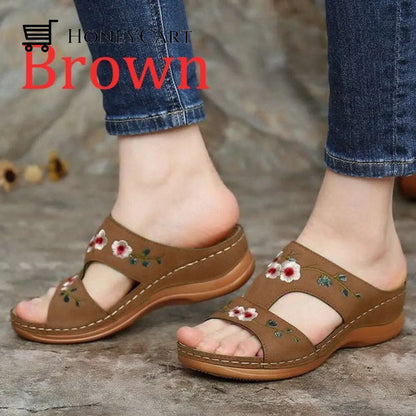 Women Casual Wedge Comfortable Flower Sandals Brown / 35